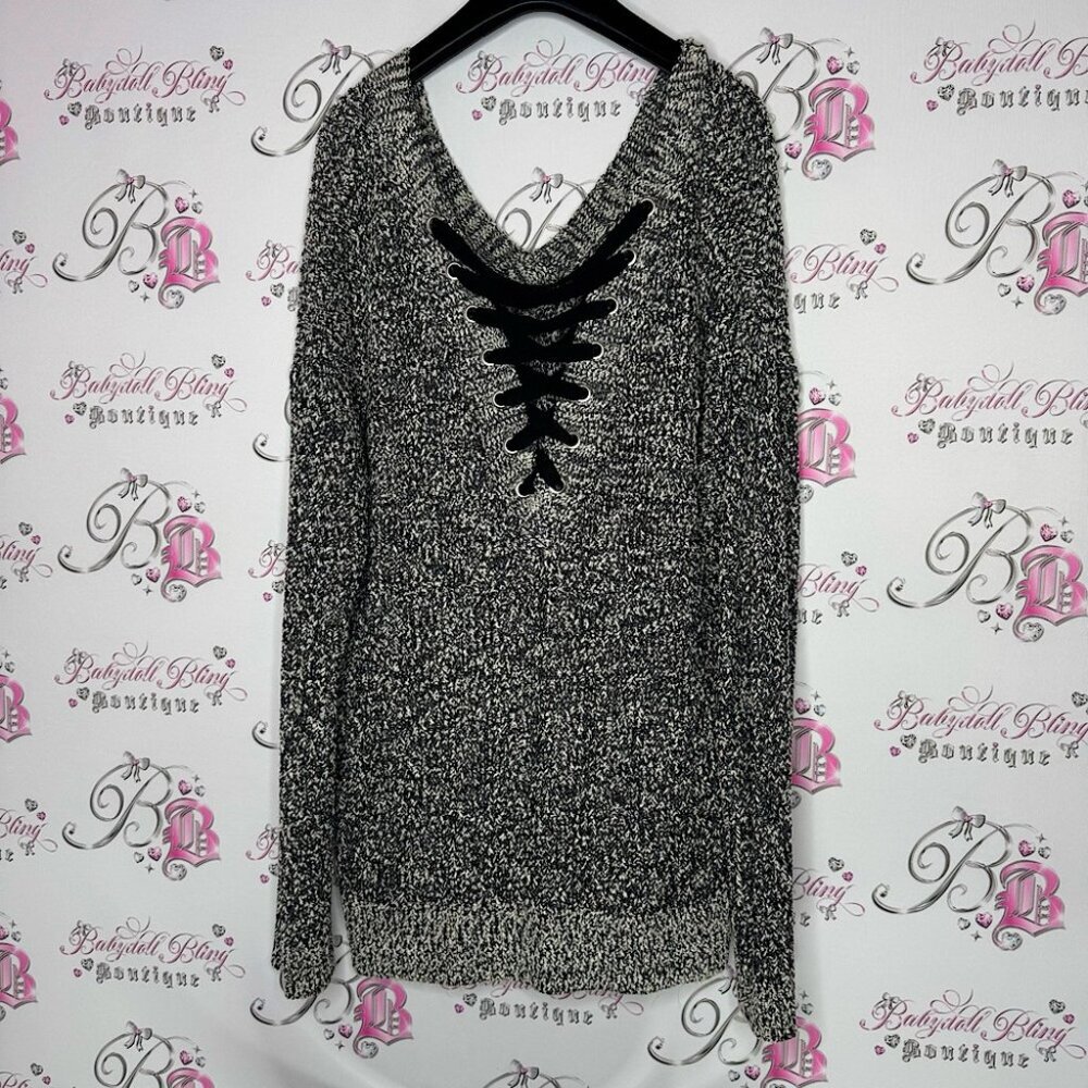 Love & legend sweater corset lace up black lace detail black and cream grey knit